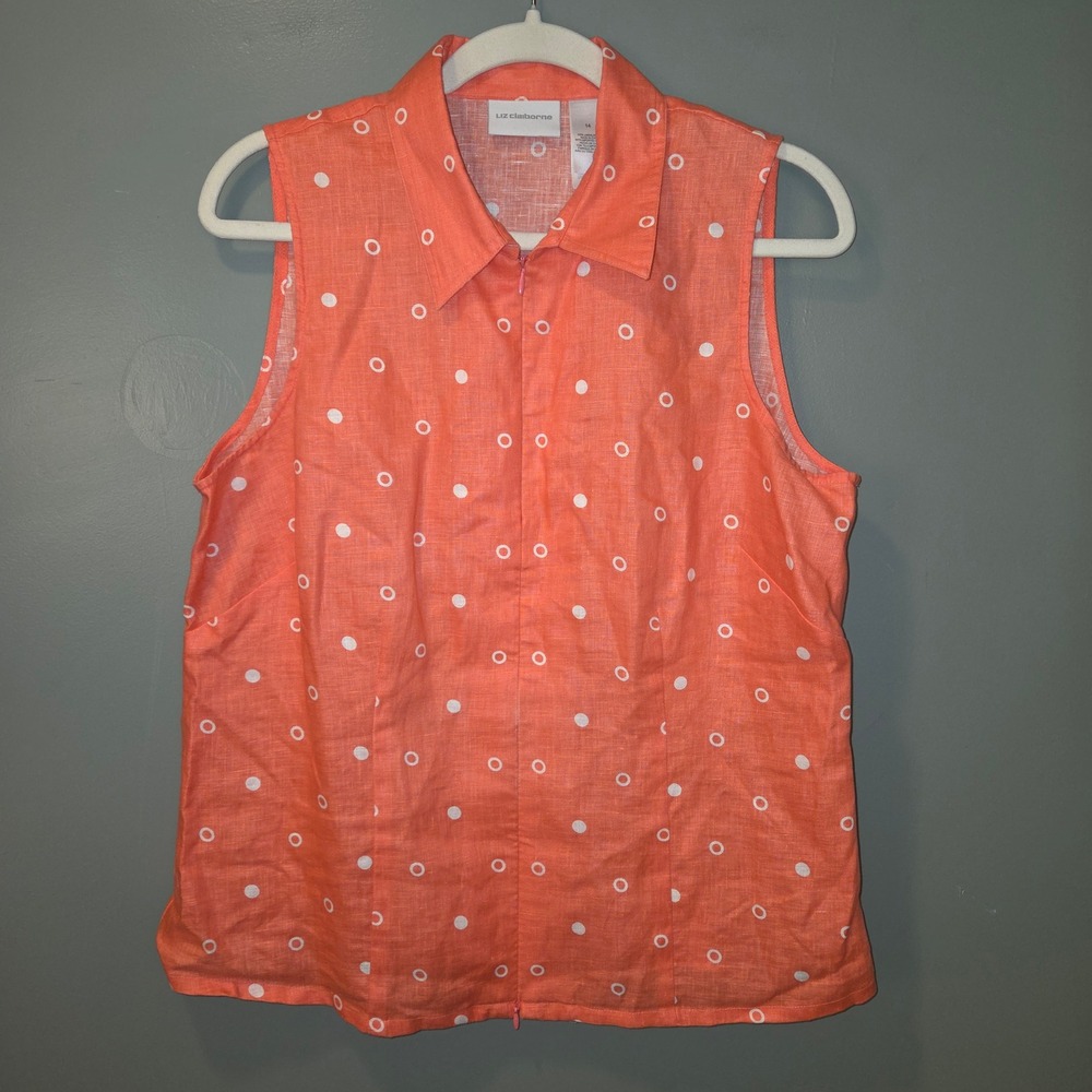 Liz Claiborne Women's 100% Linen Sleeveless Zip Up Blouse Size 14 Polka Dot